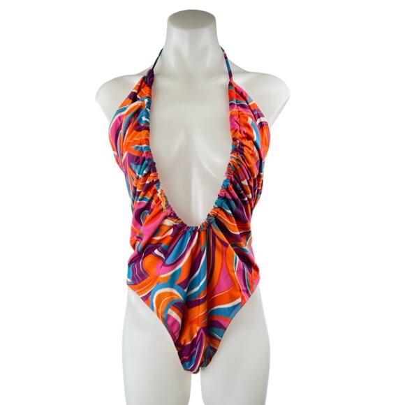 NEW PrettyLittleThing Multicolor Printed Ruched Scoop Neck One Piece Swimsuit 16 - Picture 1 of 5